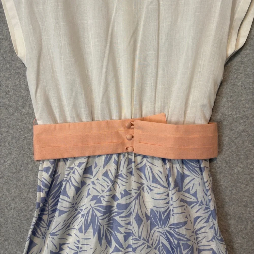 Vintage Leslie Fay Womens 12 2pc Tea Dress Set Blue White Tropical Palm Leaf 80s - Picture 4 of 14